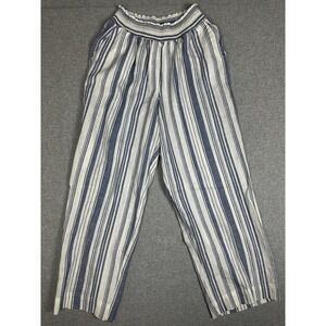 Land 'n Sea Pants Womens 1X Blue White Striped Linen Ankle Pull On Elastic Waist